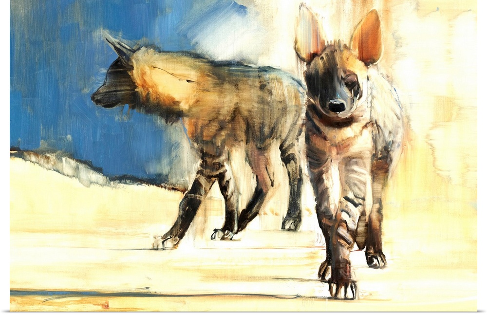 Contemporary wildlife painting of two Striped Hyenas.