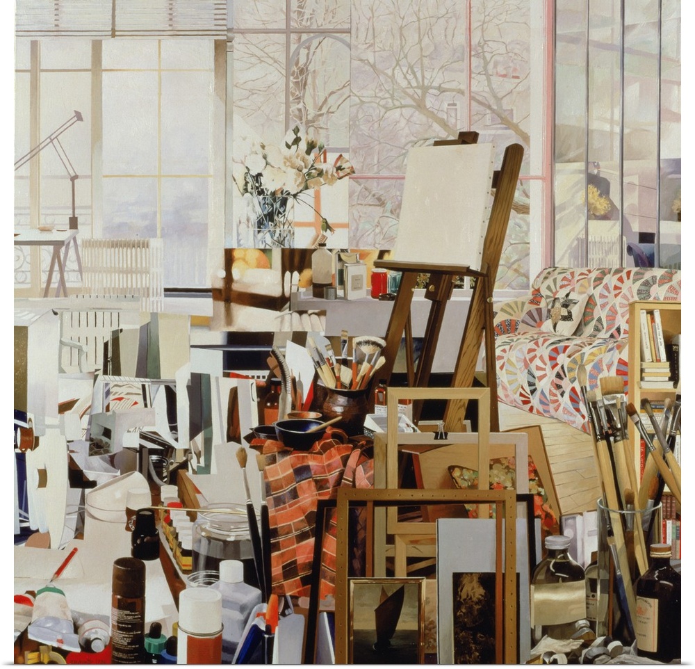 Contemporary painting of an easel in a cluttered studio.