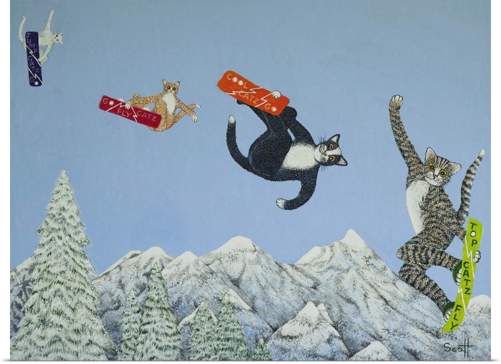 Contemporary whimsical artwork of cats snowboarding.