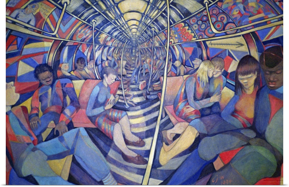 Contemporary abstract painting of underground train, metro, with commuters that are sleeping, resting, and kissing.