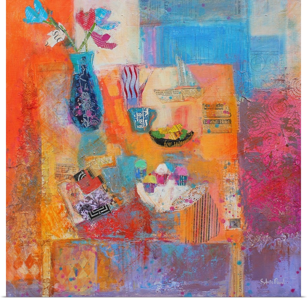 Contemporary painting of a blue vase holding flower surrounded by an array of colors.