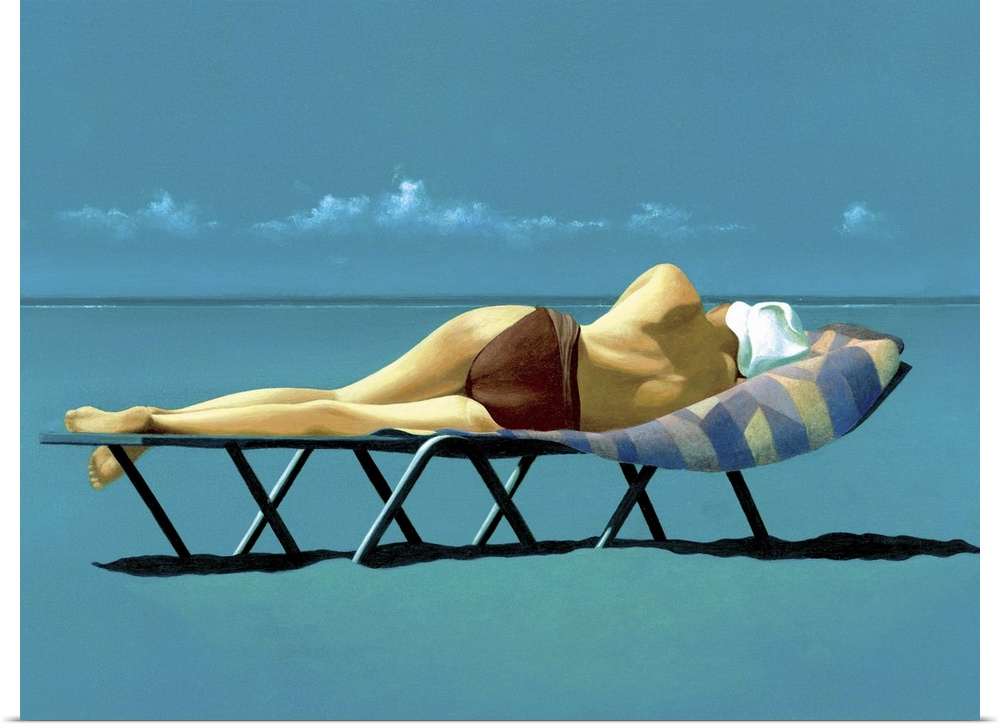 Contemporary oil painting of a woman sunbathing on a lounge chair by the water's edge.