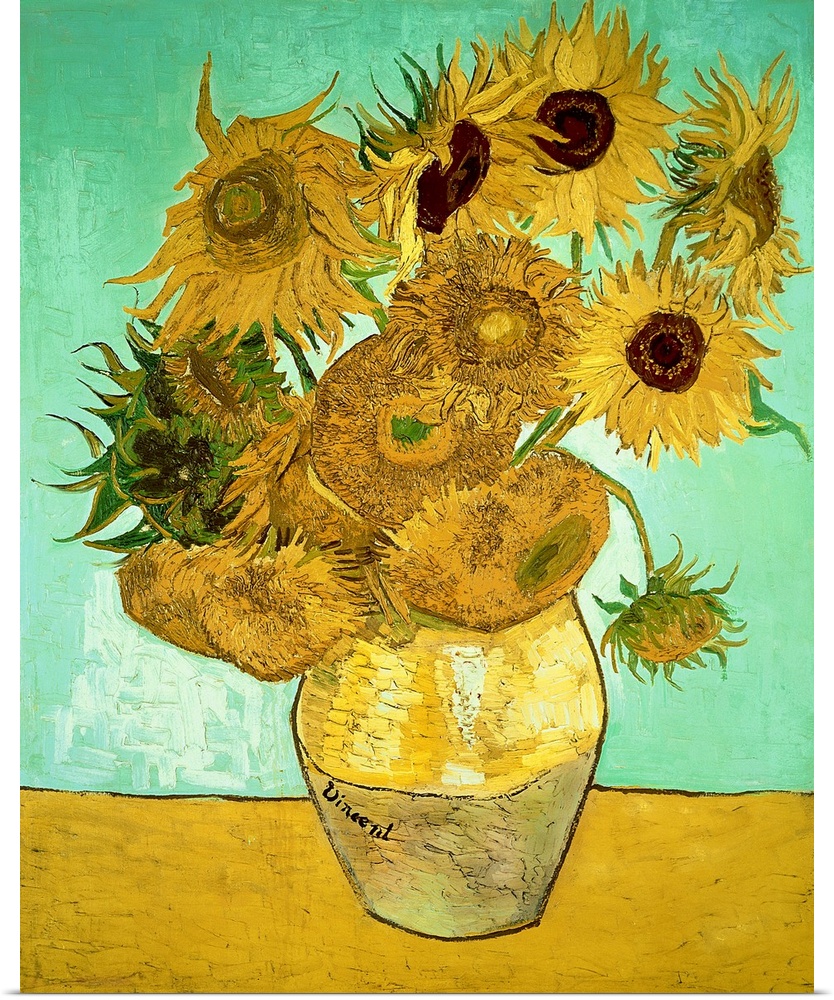 Classic oil painting of warm colored sunflowers in a vase with a cool toned background.
