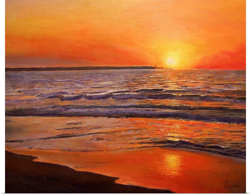 This wall art for the home or office is a contemporary painting of the sun sinking below the horizon as waves enfold the s...