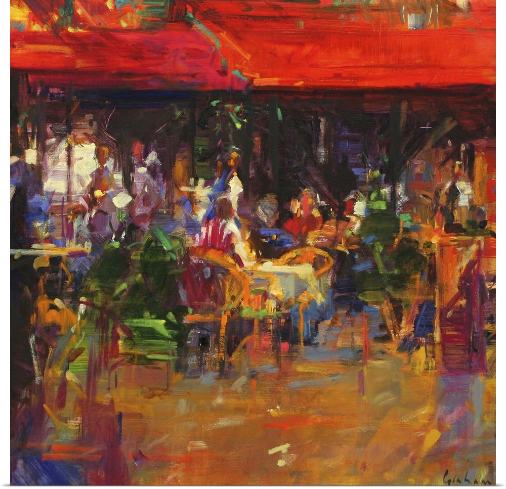 Oil Painting depicting patrons sitting at an outside cafo.