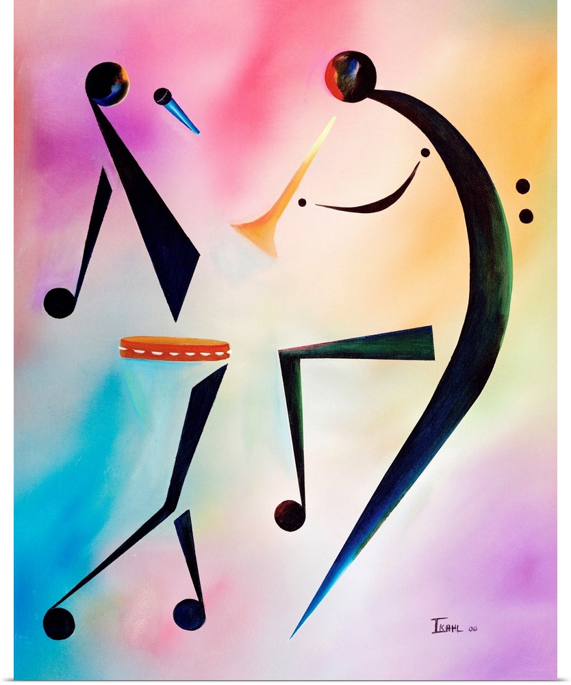 Abstract painting of two figures of musicians, a singer and a trumpet player, created out of musical notes, symbols, and i...