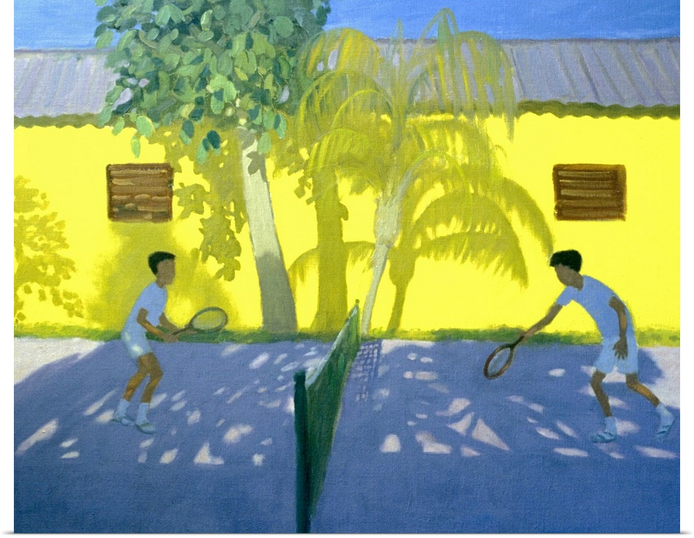 This is a landscape painting of two children playing a game on a court in the shade of palm trees and color buildings.