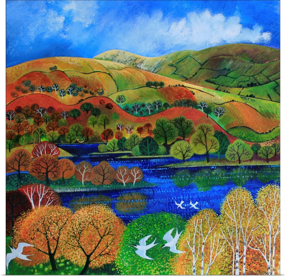 Contemporary painting of terns flying over a lake in the Cumbria countryside.