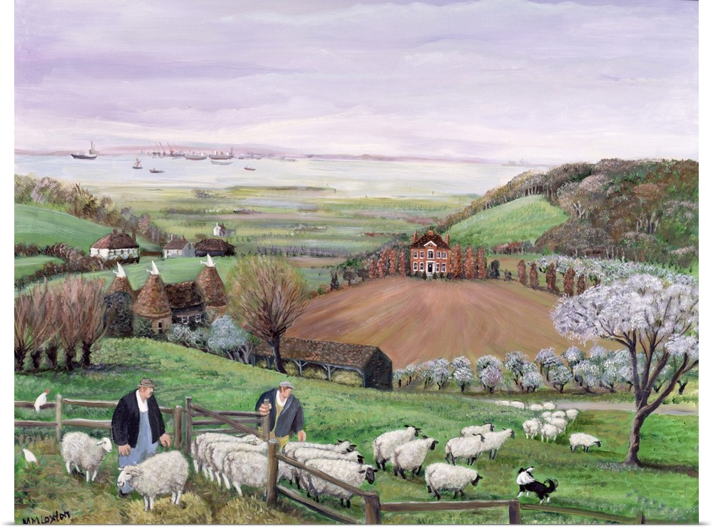 Contemporary painting of shepherds and sheep in the English countryside.