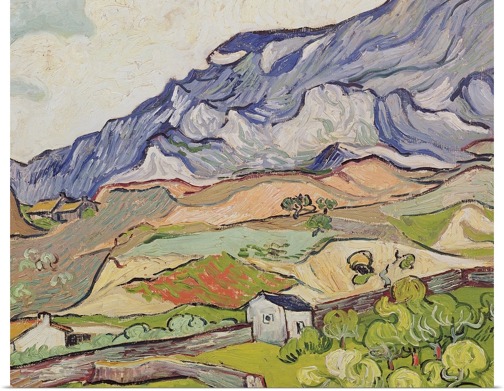 Large, landscape, classic painting of the Alpilles mountains looming over a farming landscape of fields, houses and a sing...