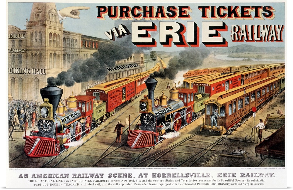 Vintage poster of two trains pulling out of the station which is viewed to the left.