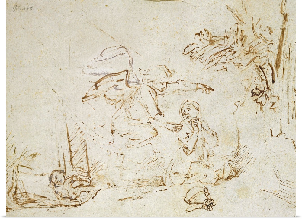 XKH145568 The Angel Appears to Hagar and Ishmael in the Wilderness (pen and brown ink with bodycolour on paper) by Rembran...