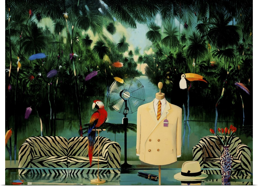 Contemporary painting of a living room setting in the jungle.