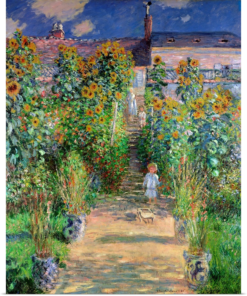 Classical oil painting of child wondering down dirt pathway lined with sunflowers and tall grass under a cloudy sky.