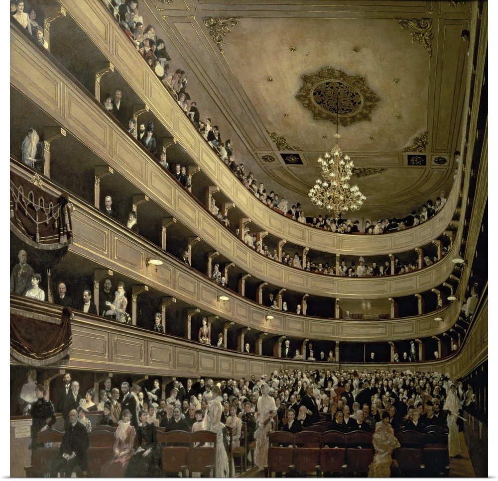 Classical oil painting of concert hall with balconies filled with people.