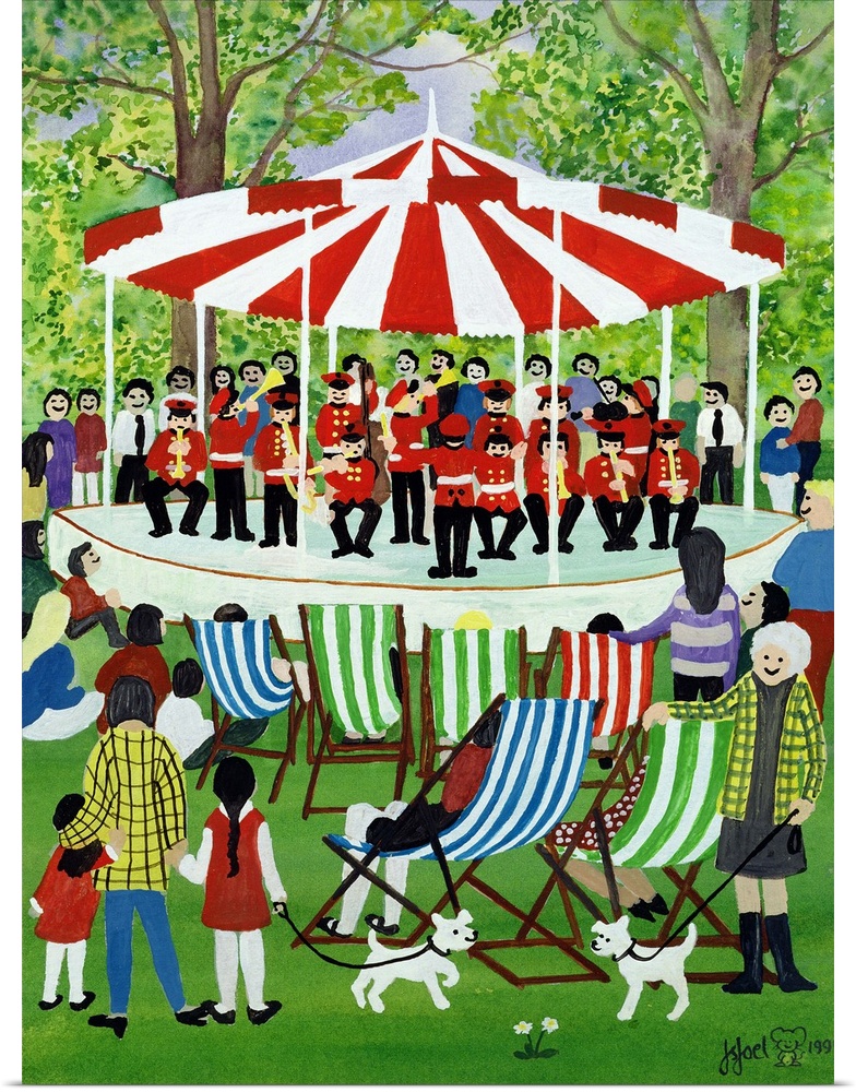 Contemporary painting of a band playing under a tent in the park.