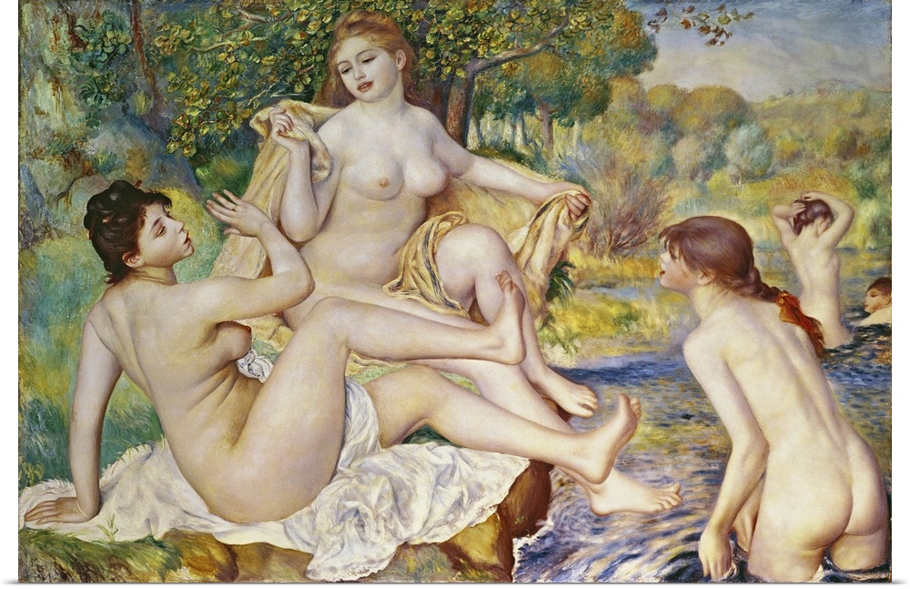 Horizontal classic painting on a large wall hanging of a group of nude women bathing in water surrounded by a forest.  Sev...