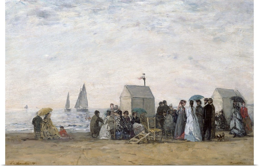 XIR34122 The Beach at Trouville, 1867 (oil on canvas)  by Boudin, Eugene Louis (1824-98); 32x48 cm; Musee d'Orsay, Paris, ...