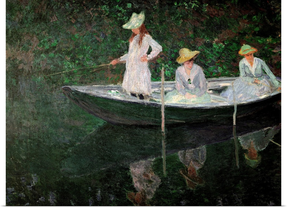 Large, landscape classic painting of three women on a row boat in dresses and sun hats, two are seated, while the third st...