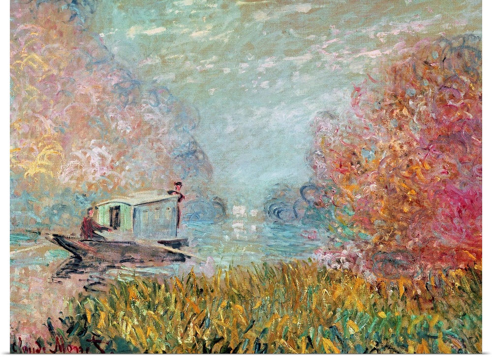 Classical painting of canoe floating downstream.  The lake is lined with colorful trees and tall grass.