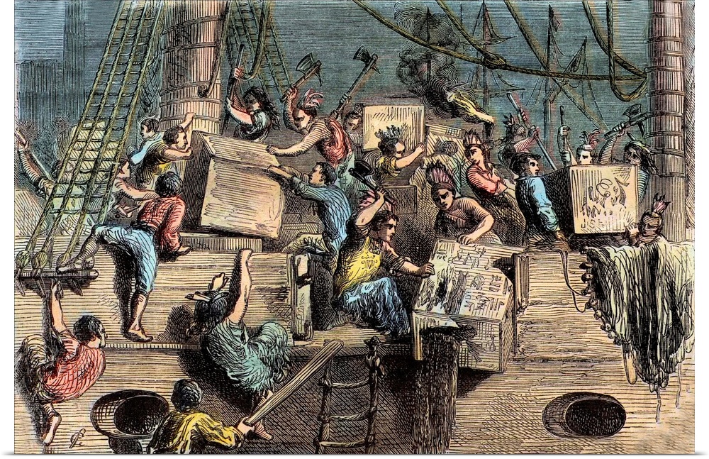 Colonists disguised as Mohawk Indians destroy chests of tea on ships in Boston Harbour as a protest against import duty tax.