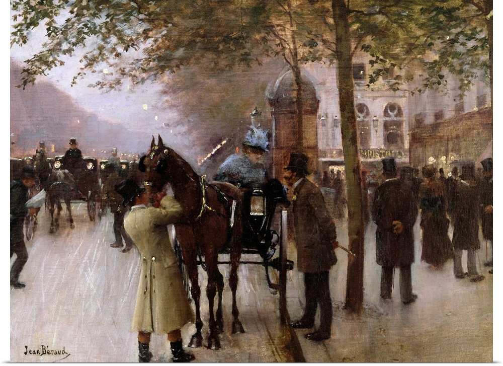 Classical art painting of a busy French street at the turn of the century with horse drawn carriages and men in top hats s...