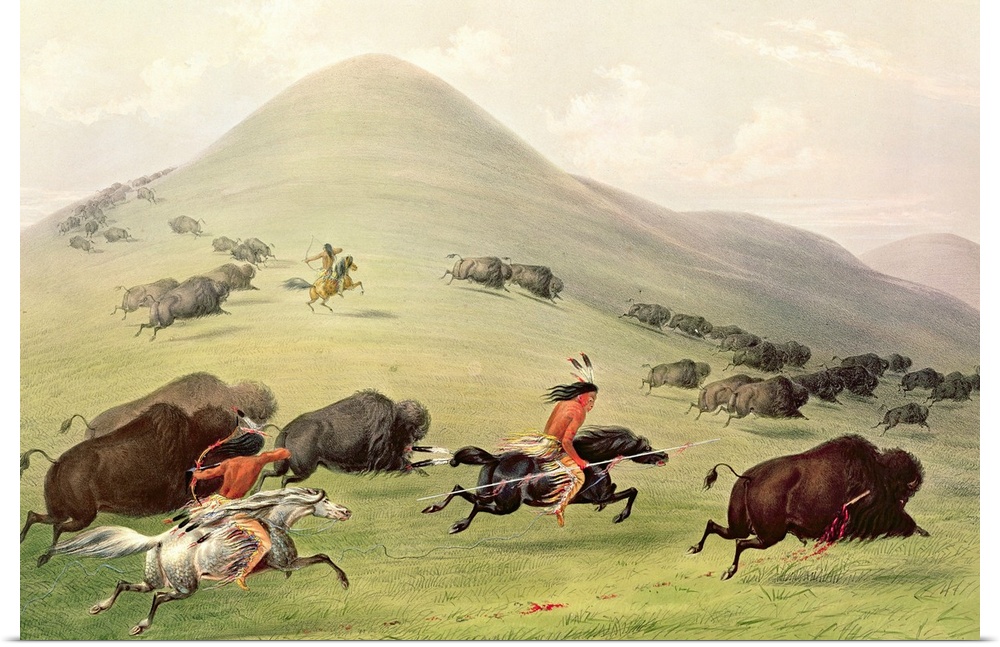 XIR228233 The Buffalo Hunt, c.1832 (coloured engraving) by Catlin, George (1796-1872); Bibliotheque Nationale, Paris, Fran...