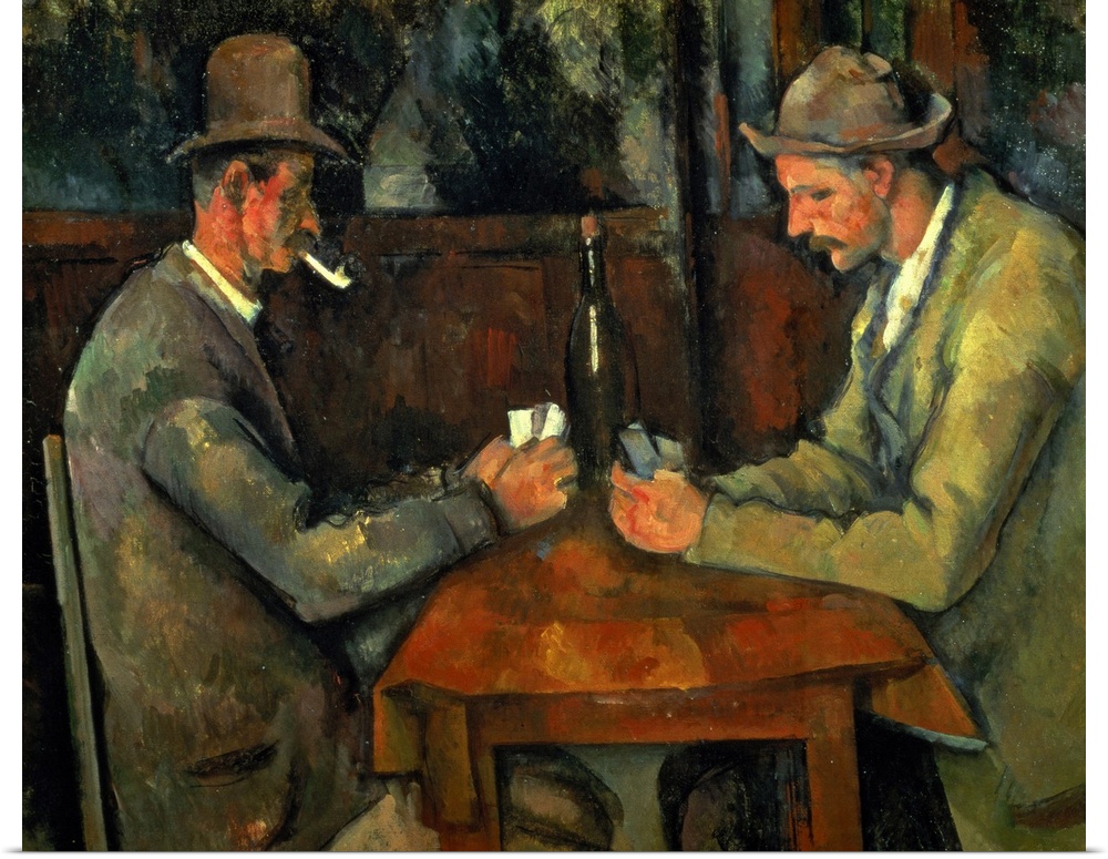 Classical oil painting featuring two gentlemen with pipes and bowler hat sitting at a small table playing cards.
