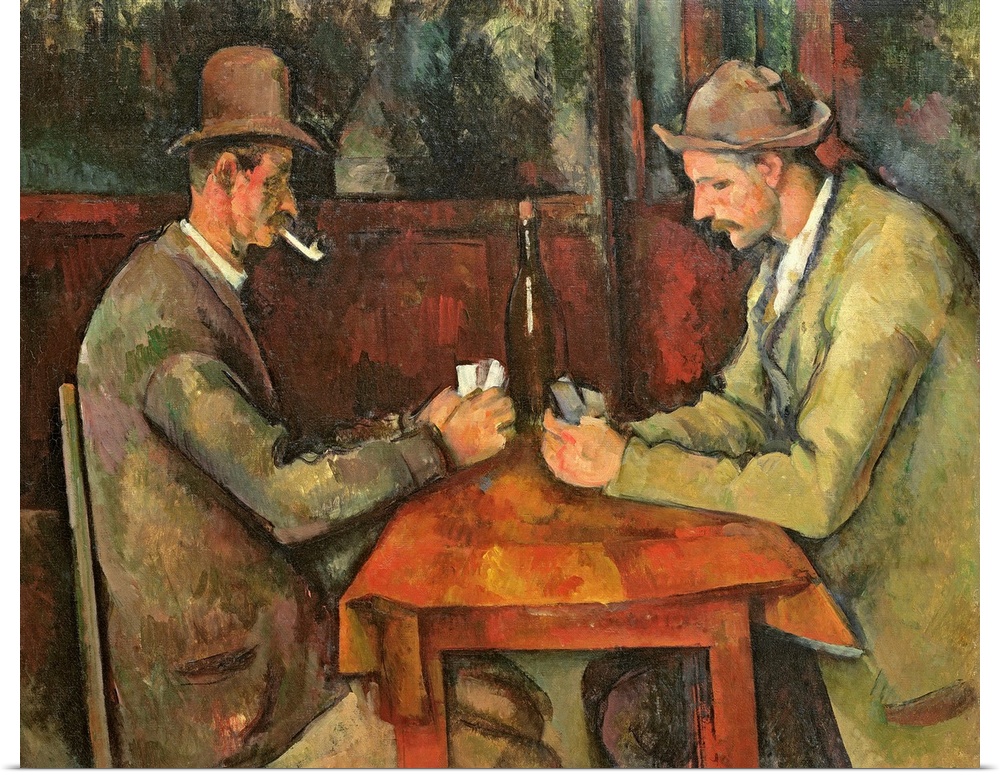 Two men dressed in casual working class clothing play cards a small table with a bottle of wine in this painting from a ma...