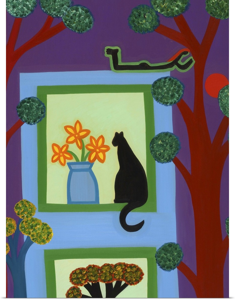 Contemporary painting of a cat sitting on a windowsill next to a vase with flowers.