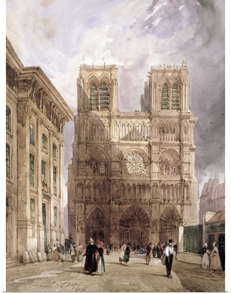 Tall illustration on canvas of Notre Dame with people walking through the streets.