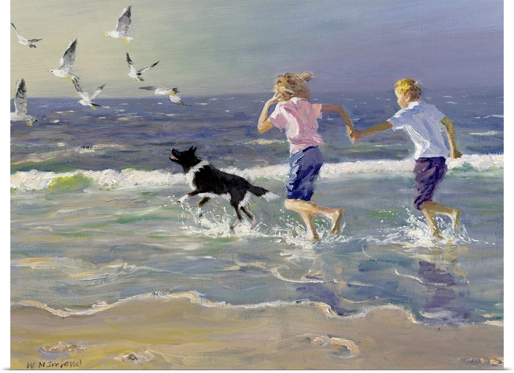 Painting of two children holding hands running on the beach as a dog chases birds in front of them. Cool tones dominate.