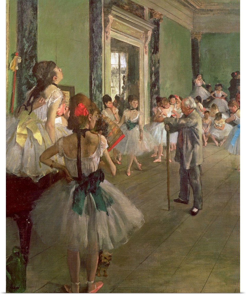 Large oil painting of dancers being instructed by a teacher.