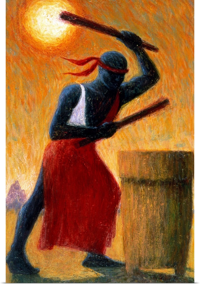 A vertical painting of a man beating on a drum outdoors with warm tones painted up and down.