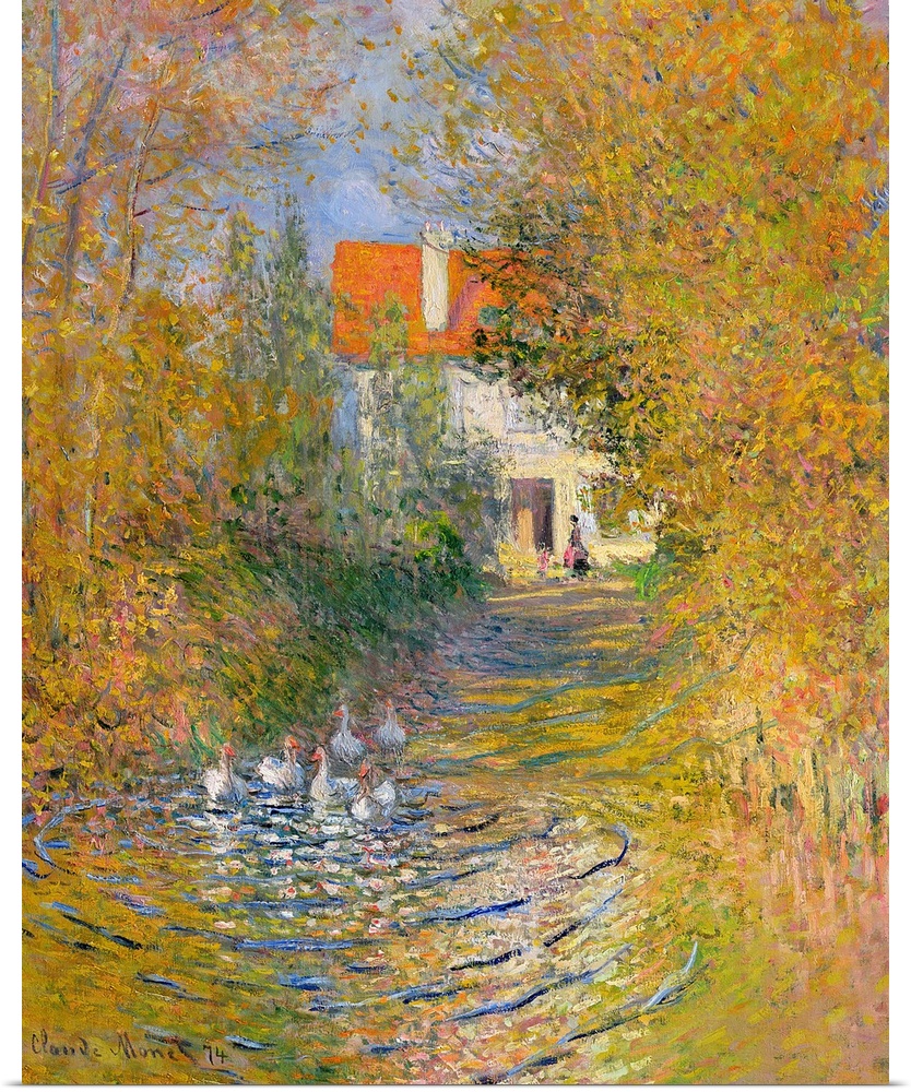 Classic artwork of a duck pond that leads back to a house behind trees and foliage that line the sides of the pond.