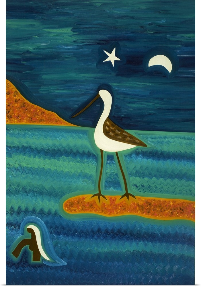 Contemporary painting of a sandpiper on a sandbank at night.