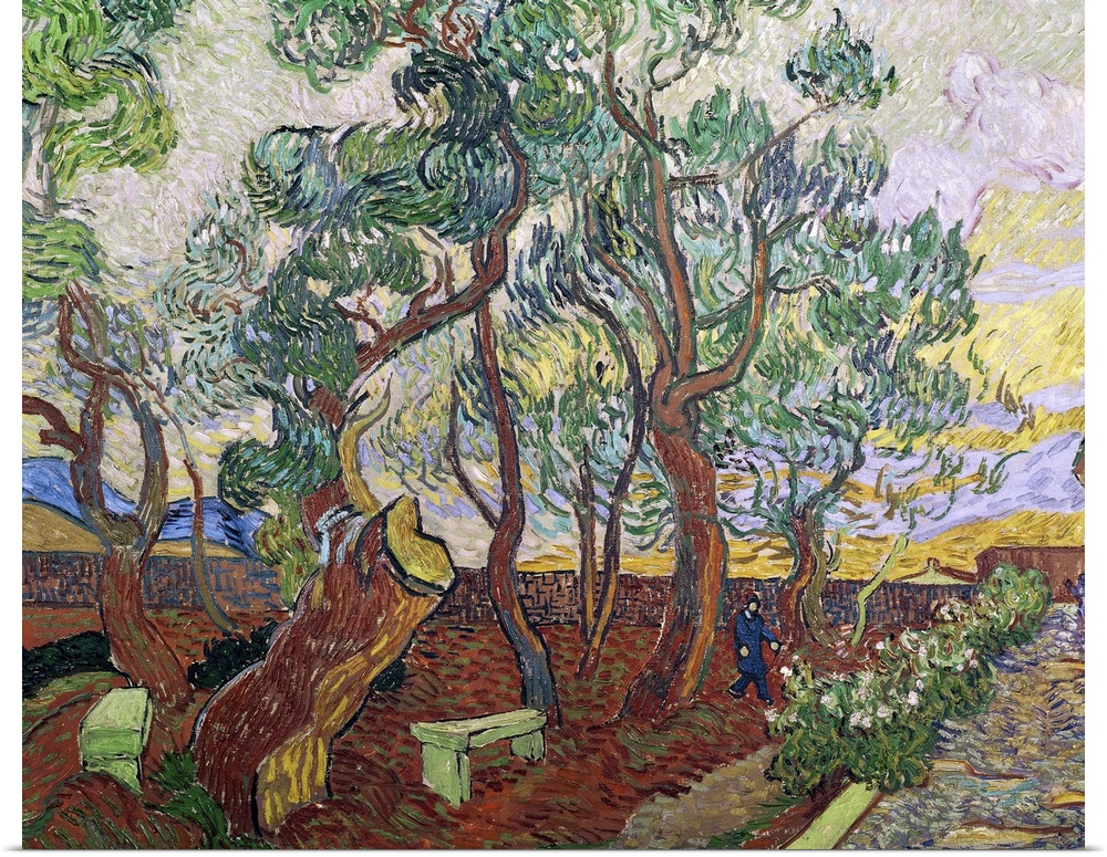Large, horizontal classic painting of a line of trees with curvy bunches of leaves, alongside a walkway next to a building...
