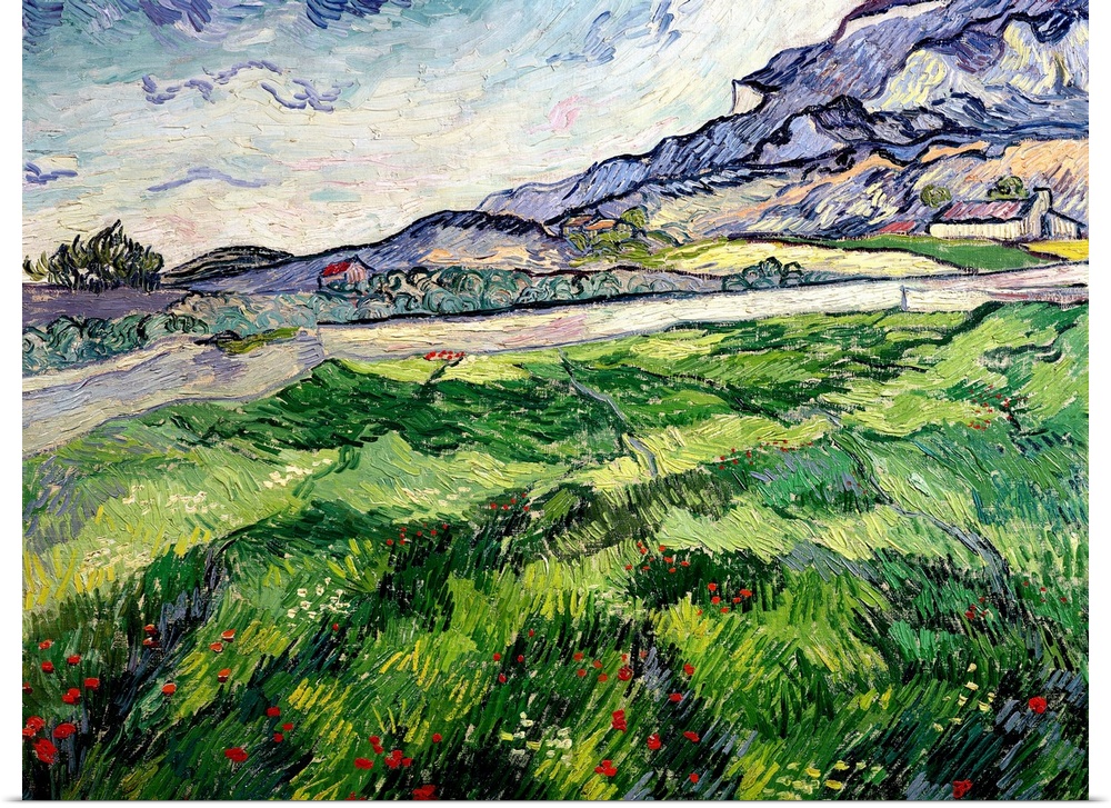 Docor perfect for the home of a classic art piece that paints a large field next to a river with houses and mountains show...