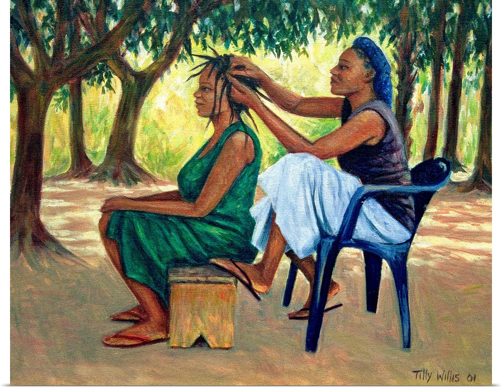 African American artwork and wall docor this painting shows a woman braiding another womanos hair outdoors in the warm sum...
