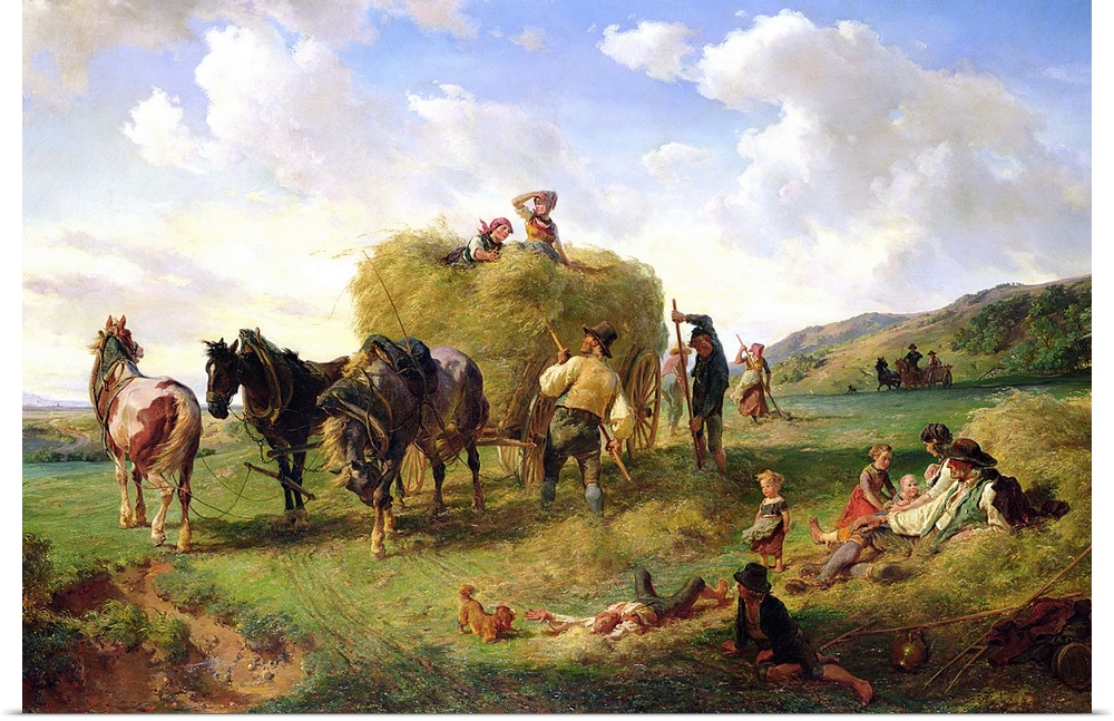 Farmers collect hay and stack it onto a buggy that is being pulled by several horses. Children lay in the hay and on an op...