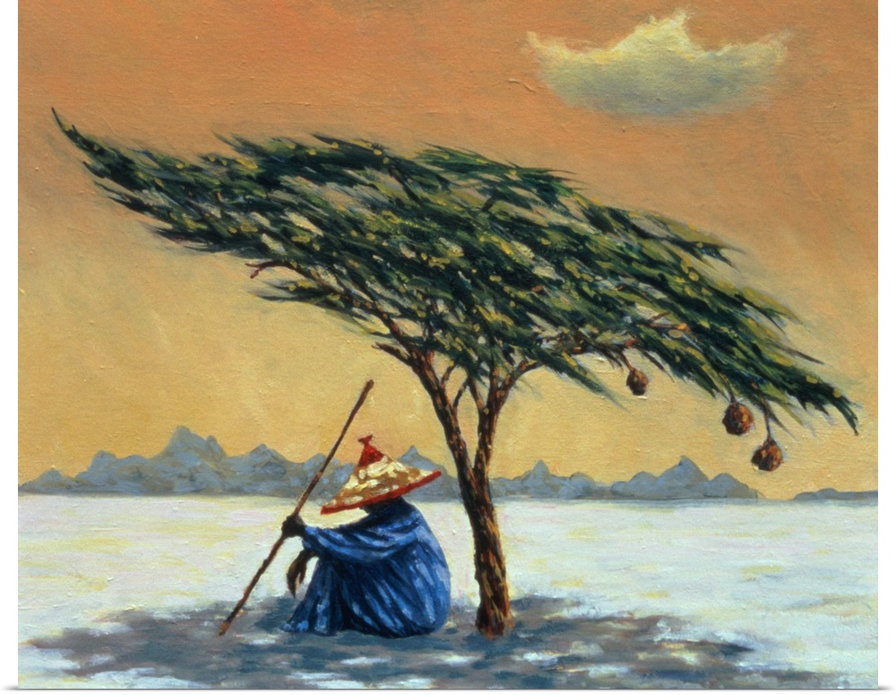Contemporary oil painting of a man sitting beneath a short tree in the desert to cool down from the heat.