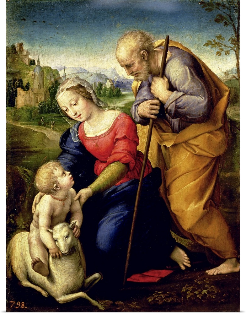 XIR38677 The Holy Family with a Lamb, 1507 (oil on panel)  by Raphael (Raffaello Sanzio of Urbino) (1483-1520); 29x21 cm; ...