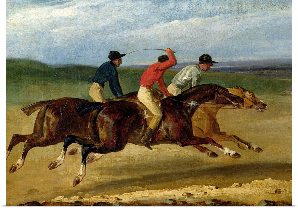 Large landscape painting of three jockeys racing on horses, all close to each other as the horses gallop through the dirt,...