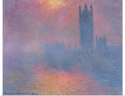 The Houses of Parliament, London, with the sun breaking through the fog