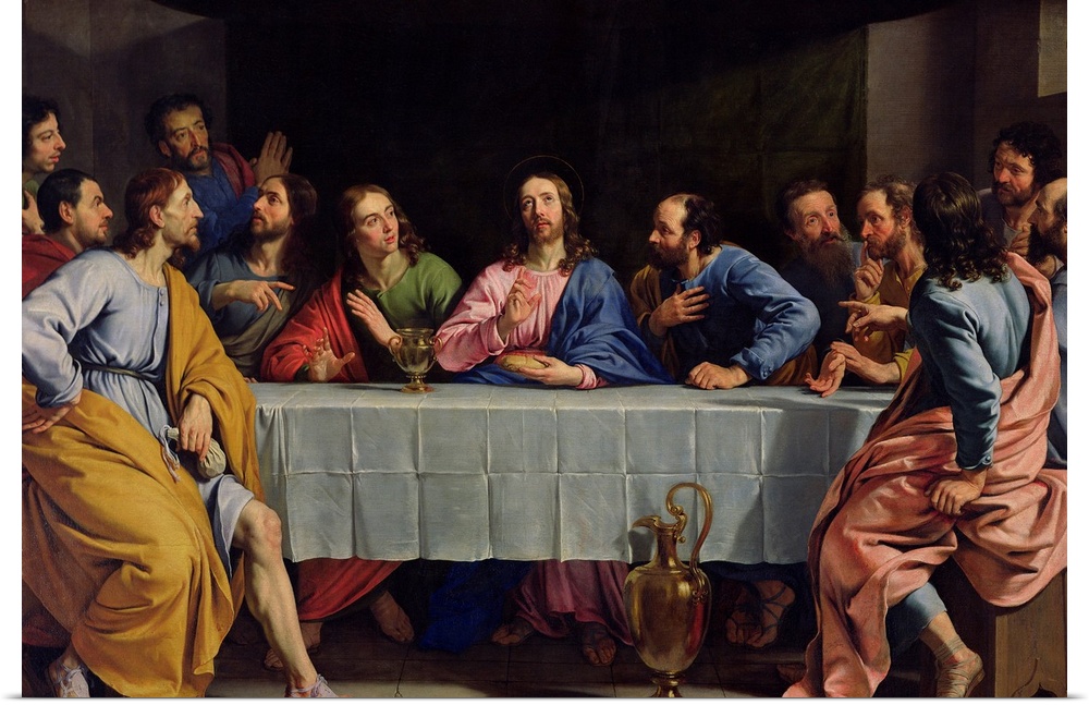 Traditional Christian artwork painted in the 17th century by a French Baroque painter depicts Christ and his disciples, sp...