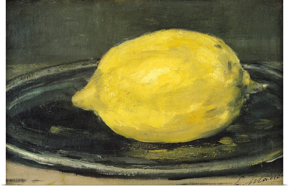 This horizontal art work is a close up painting of a citrus fruit on a plate created by a 19th century Impressionist master.