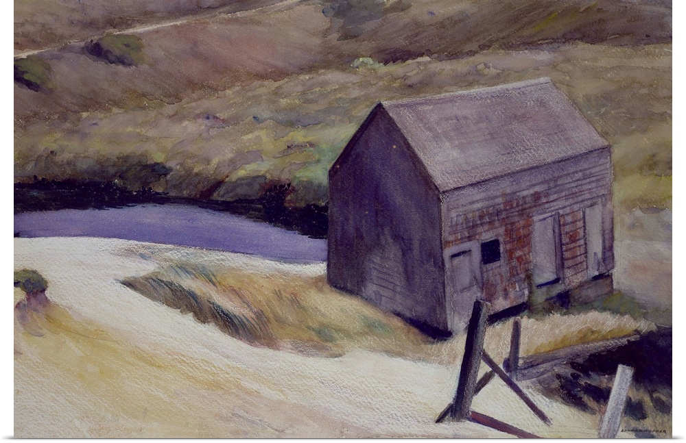 Painting of a small wooden barn on the countryside in Iowa with cool tones.