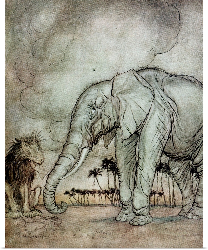 VCH175704 The Lion, Jupiter and the Elephant, illustration from 'Aesop's Fables', published by Heinemann, 1912 (colour lit...