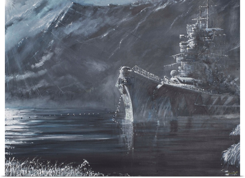 Contemporary painting of a ship sitting in a mountainous harbor.