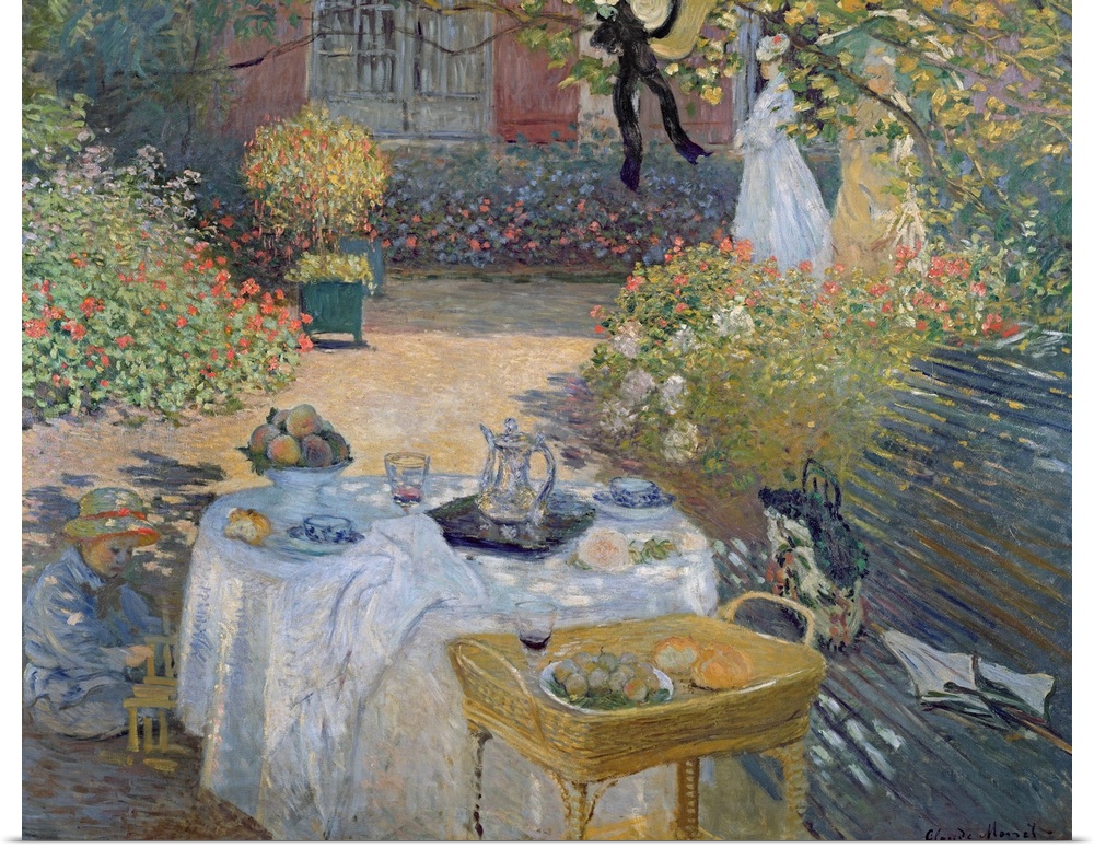 Big classic art showcases a couple of women and a child enjoying an afternoon snack within a courtyard on a sunny day.  Ar...